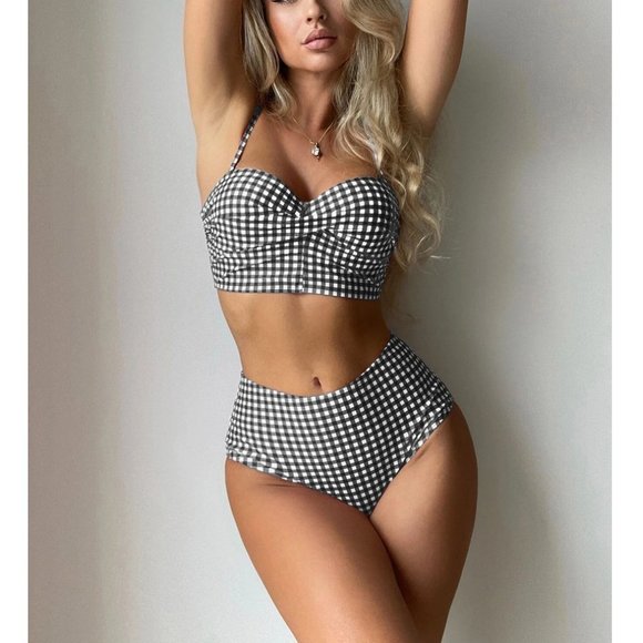 . Other - Gingham Print Padded High waisted Swim Beach Bikini black